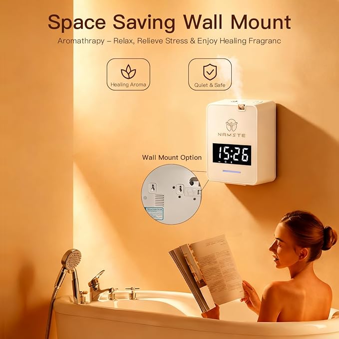 Waterless Diffuser - HVAC System Essential Oil Diffuser with Clock - Whole House & Hotel Coverage 3000 Sq. Ft, 300ML Scent Machine Smart Oil Level Monitoring, Bluetooth Control, Cold Air Tech