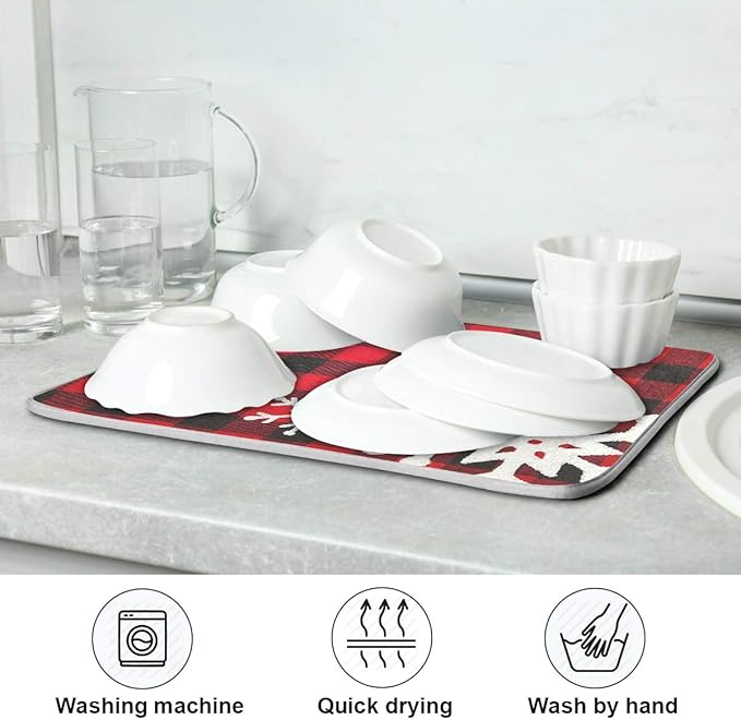 Christmas Red Plaid Snow Snowflake Dish Drying Mat 16x18 inch Red Black Lattice Texture Dish Drainer Kitchen Counter Mats Bottles Dish Dry Pad Protector for Kitchen Countertops