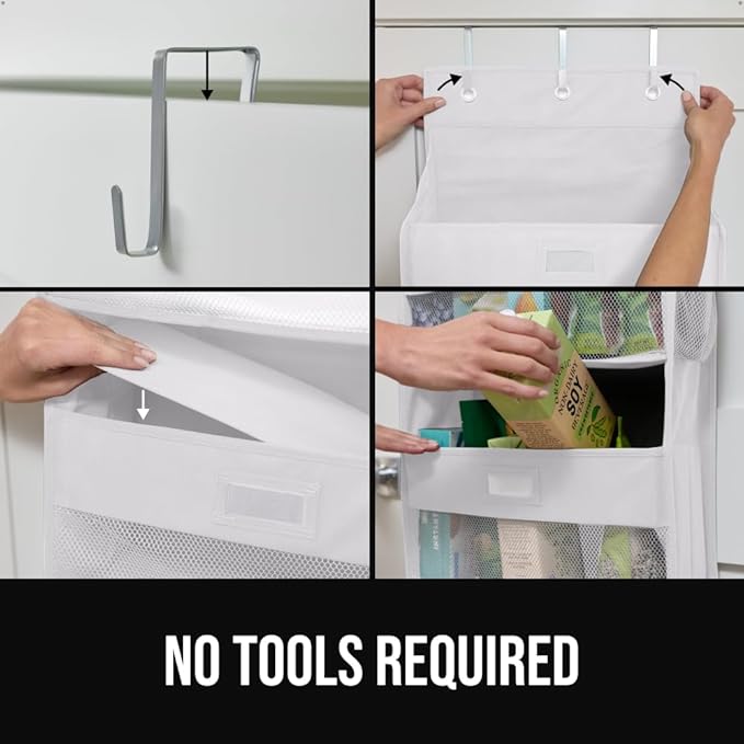 GORILLA GRIP Large Capacity Closet Organizer, 5 Deep Shelves, Holds 50lbs, Over the Door Organizers 6 Mesh Pockets, Shelf Storage for Clothes Crafts Dorm Essentials, 3 Metal Hooks, 58x15 Inches, White