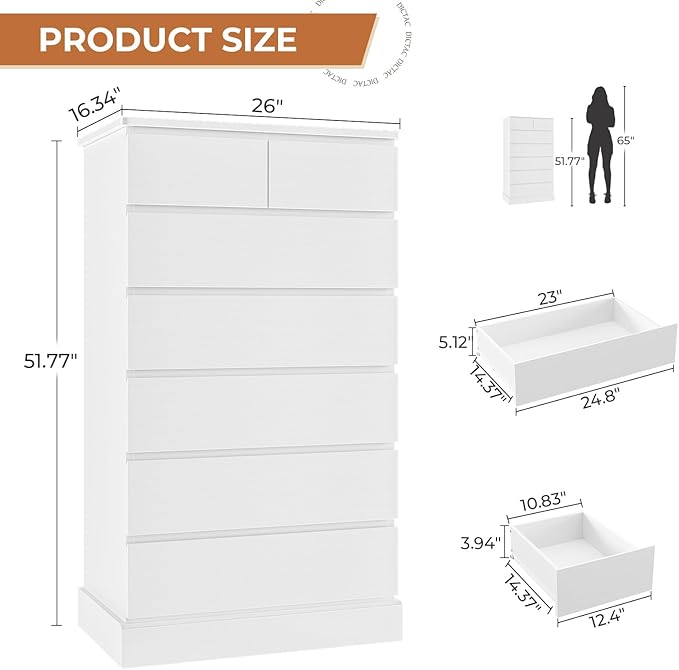 DICTAC White Tall Dresser for Bedroom with 7 Drawers, 51.8" Tall Dressers & Chests of Drawers, Modern Wood Closet Organizer and Storage Cabinet, Large Vertical Dresser for Bedroom, Closet, Hallway