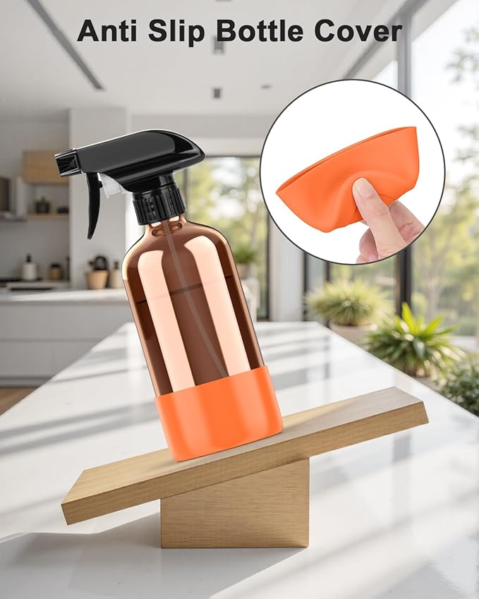 Bontip Amber Glass Spray Bottle with Silicone Sleeve Protection, 16 oz Refillable Spray Bottle for Cleaning Solutions, Plants, Aromatherapy, Facial Hydration (Orange Sleeve(Amber Bottle)