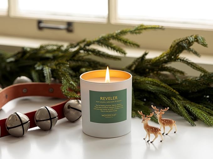 Moodcast Reveler Scented Winter Candle – Aesthetic Holiday Candle for Home, Fresh Pine, Cedarwood & Fir Balsam, Clean Coco Wax Blend, Vegan, Paraben-Free, 45-Hour Burn, Christmas Decor – 8oz