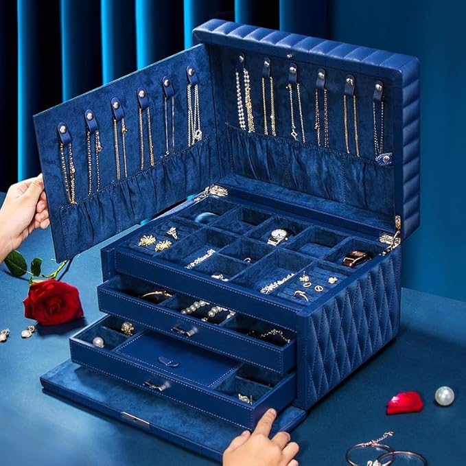 Genuine Leather Jewelry Box – 3 Layer Large Jewelry Organizer with Mirror, Lockable Jewelry Box for Women – Necklace, Ring, Earring Organizer with Drawer - Valentine's Day Gifts(Blue)