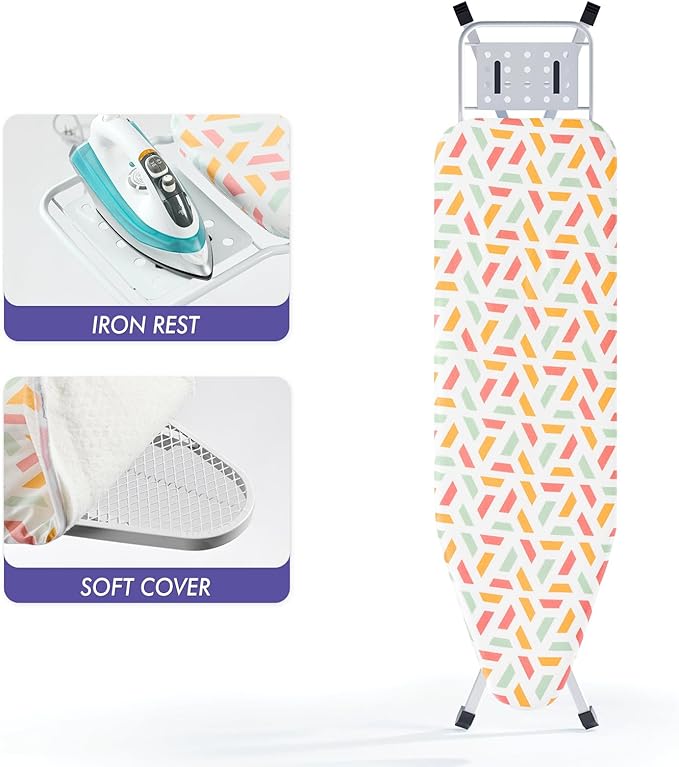 BKTD Ironing Board, Heat Resistant Cover Iron Board with Steam Rest, Non-Slip Foldable Ironing Stand. Heavy Sturdy Metal Frame Legs Iron Stand(13 * 34 * 53 Inches) (Geometric White)