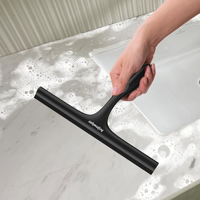Anjinwiper Shower Squeegee for Glass Doors with Adhesive Hook, Window Squeegee for Shower Glass, Cleaning Tile Wall, Bathroom Cleaner Tool Household Silicone Squeegee(10 inch-Black)