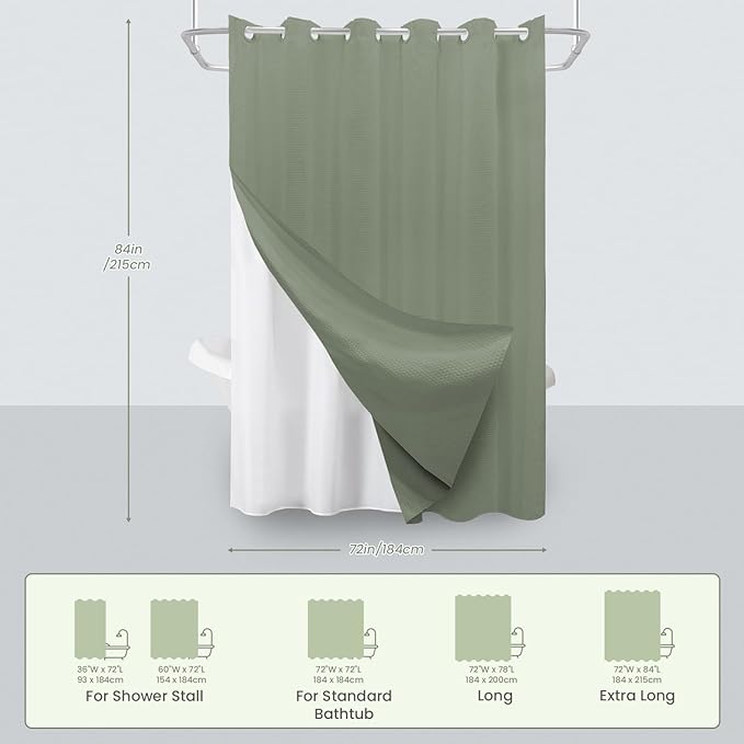 Inhousolu No Hook Waffle Weave Shower Curtain with Removable Snap in Fabric Liner Set for Bathroom, 230 GSM Heavy Duty Weighted Hem, Water Repellent Washable Bath Curtains, 72 x 84 Inch, Sage Green