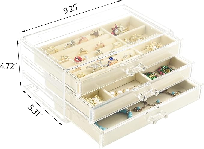 Weiai Acrylic Jewelry Box 3 Drawers, Velvet Jewellery Organizer, Earring Rings Necklaces Bracelets Display Case Gift for Women, Girls, Beige