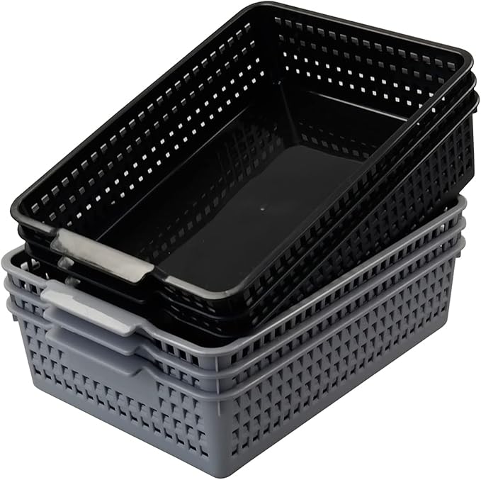Plastic Flat Storage Basket, Plastic Paper Storage Basket Tray, 6 Pack