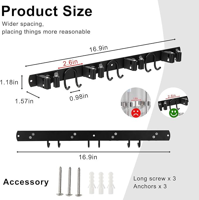 Broom Holder Wall Mount, Stainless Steel Mop Hanger with 4 Slots 6 Hooks, Tool Storage Wall Organizer for Kitchen Garden Garage Laundry Room Bathroom and RV, Black 1-Pack