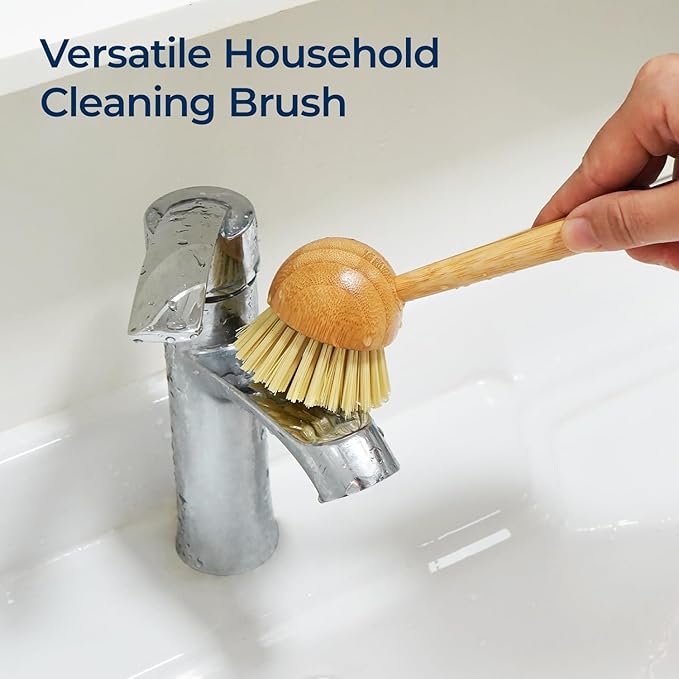 Lorzon 2 Pack Dish Brush with Handle, Bamboo Dish Scrub Brush, Kitchen Brushes for Dishes, Scrubber, Pots, Pans, Sink, Dishwashing Cleaning Brush