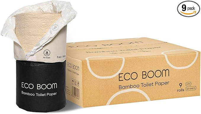 ECO BOOM Unbleached Bamboo Toilet Paper, 100% Tree-Free & Plastic-Free, 3-Ply Strong, FSC Certified, Unscented, 9 Rolls, 360 Sheets | PFAS Free, BPA Free & Septic Safe