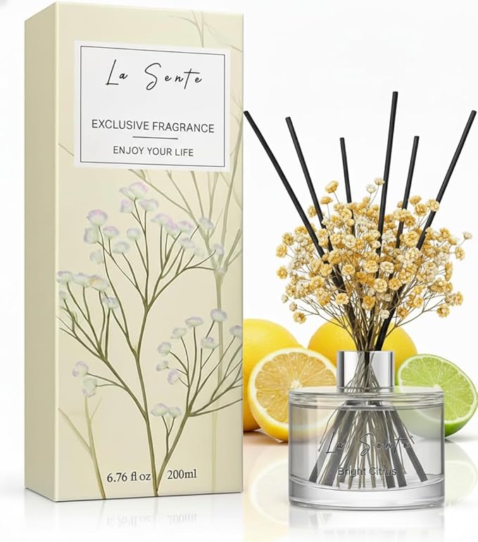 Reed Diffuser Set (6.7fl oz), Natural Bright Citrus Essential Oil Fragrance with Glass Bottle, Black Rattan Sticks & Preserved Flowers, Up to 120 Days Lasting Fragrance for Home & Office