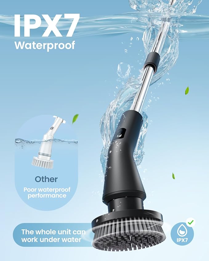 Topmako Electric Spin Scrubber, 2025 New Cordless Cleaning Brush for Home, IPX7 Waterproof Spin Scrubber with 7 Brush Heads, Adjustable Long Handle and 2 Rotating Speeds for Bathroom Tub Floor