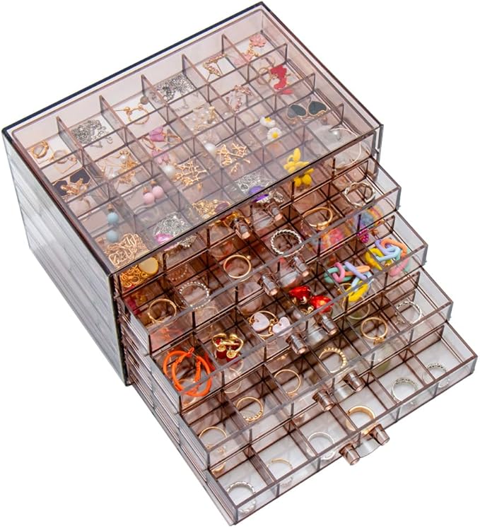 Earring Storage Box Organizer, Acrylic Jewelry Storage Box Holder 5 Drawers Transparent Jewelry Display Stand with 120 Small Compartments Gift Boxes for Women Girls (Clear Purple Brown)