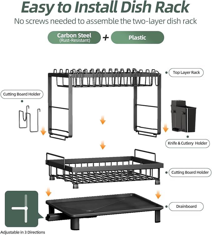 Nfnoyp Dish Drying Rack, 2 Tier Space-Saving Dish Rack, Multifunctional Dish Drainer for Kitchen Counter with Drainboard/Utensil/Cup Holder Rustproof Carbon Steel, Black