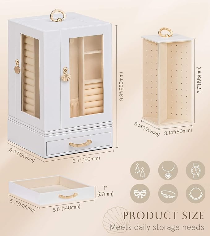 Jewelry Box large for Dresser: Women Necklace Ring Storage Organizer with Compartments - Elegant Earring Holder Display (White)