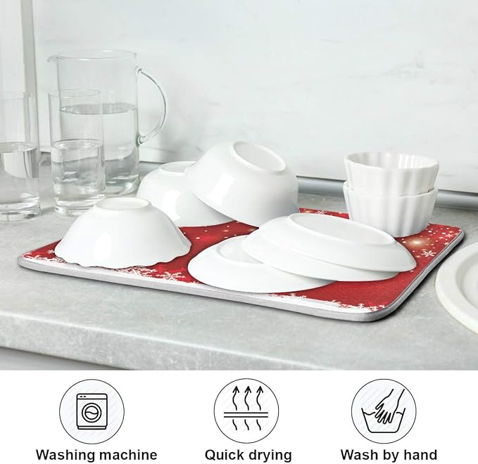 Christmas White Snowflake On Red Background Dish Drying Mat 16x18 inch Dish Drainer Kitchen Counter Mats Bottles Dish Dry Pad Protector for Kitchen Countertops