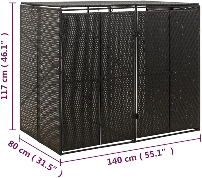 Double Wheelie Bin Shed Garbage Can Storage Shed, PE Trash Container Management Unit, Outdoor Patio Recycling Dustbin Trash Shed, Black 55.1"x31.5"x46.1" Poly Rattan