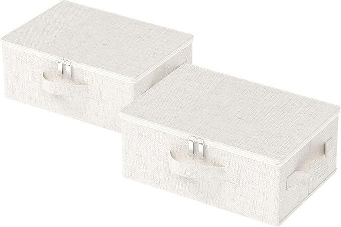 ENUMAIL Underbed Storage Box with Lid, Foldable Clothes Organizers, Home Organising Baskets for Clothes, Shoes, Blankets, Pillows, 14.9x10.2x5.9Inches, Beige, 2 Pack