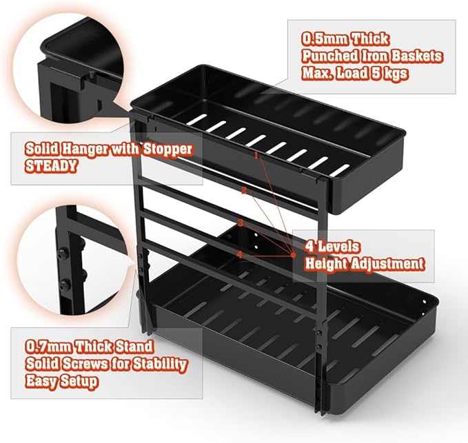 EVERIE Height Adjustable 2 Tier Metal Pull Out Slide Shelf Organizer for Under Sink Cabinets in Kitchen, Bathroom, with Snap-on Top Tray, 16" Deep (Black, 2 Sets) | Pull Out, Slide Shelf