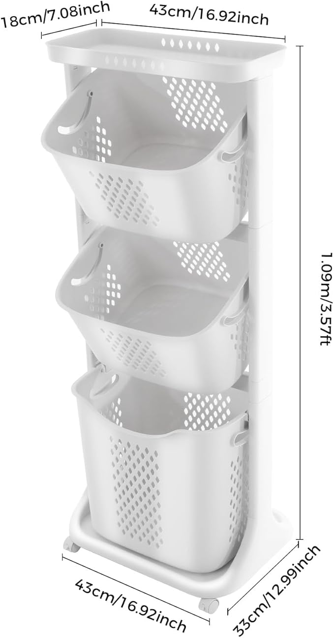 Laundry Basket, 3 Tier Sorter Clothes Storage Hampe Organizer Shelf Rolling Cart With 4 Wheels 55.12lbs Load White For Kitchens, Bathrooms, Bedrooms, Dormitories, Classrooms, Laundry Rooms