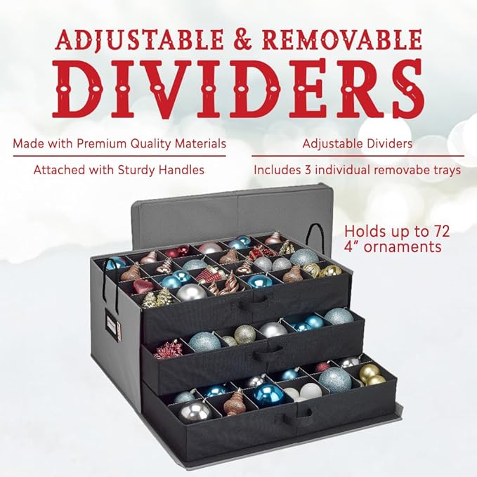 HOLDN’ STORAGE Christmas Ornament Storage Box with Dividers, Holds Up to 72 Ornaments (4 Inches), Large Organizer with 3 Stackable Trays - Gray