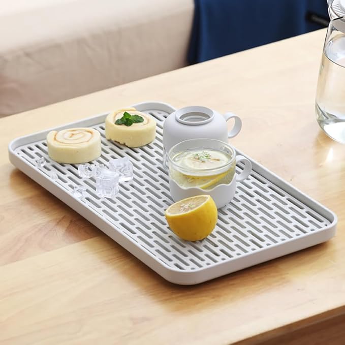 Reginsnow Plastics Drain Tray, Cup & Dish Drying Rack, Drain Board 2 Tier Non Slip Serving Tray with Drainboard Perfect for Sink, Coffee Table, Outdoor (12.2 x 7 x 0.98 in)