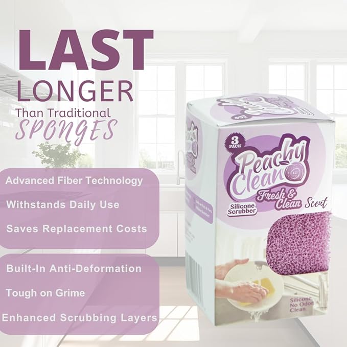 Peachy Clean Silicone Dish Sponge Scrubbers, Fresh & Clean Scent, Non-Scratch, Odor-Resistant, Durable Dish Sponges for Kitchen 3pk