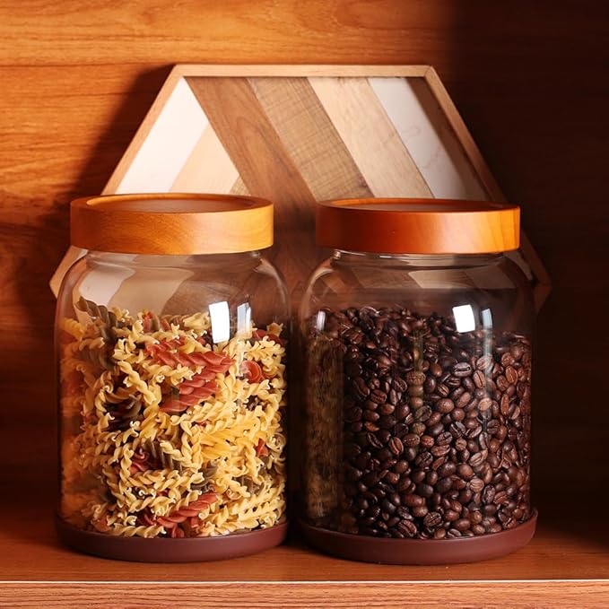 SAIOOL 2-Pack Striped Borosilicate Glass Airtight Canisters - Big mouth Large Capacity, Acacia Wood Lid, Food Storage Jars for Flour, Pasta, Pantry Organization (3/4 Gallon （Strew 2 pack）)