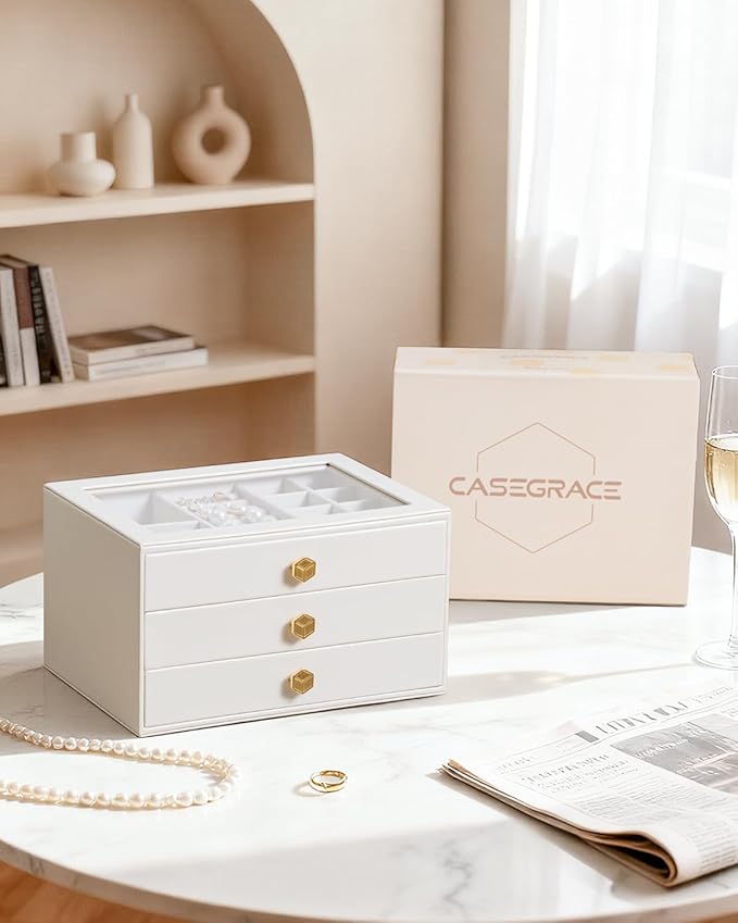 CASEGRACE Jewelry Box for Women with Glass Lid - Leather Jewelry Storage Organizer 3 Drawers for Necklaces, Rings, Earrings & Bracelets, Ideal Gift (White, 3 Layer)