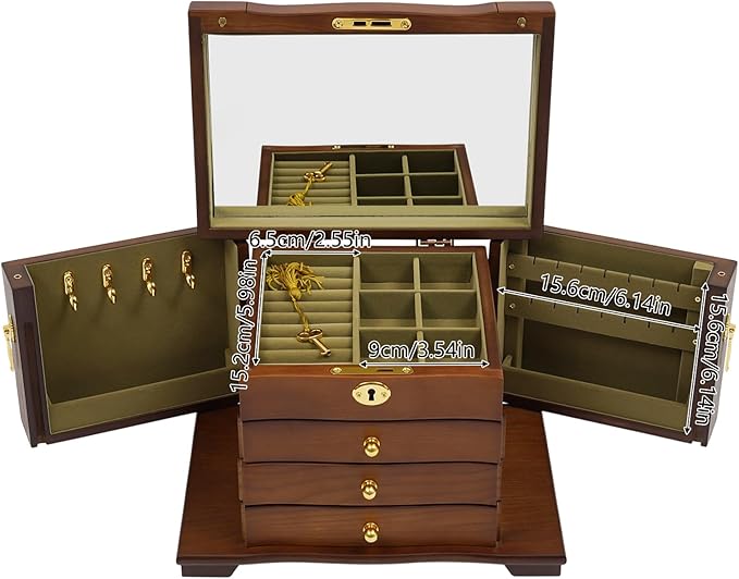 Large Wooden Jewelry Box with Mirror and Lock, 4 Layers Locking Jewelry Organizer, Watches Necklace Ring Storage Box for Women