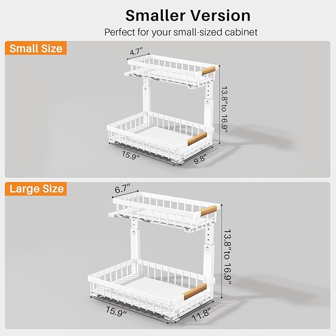 PXRACK(Small Version)2 Pack Under Sink Organizer,Adjustable Height,2 Tier Pull Out Under Cabinet Organizer,Slide Out Thickened Metal Storage Shelf for Kitchen Bathroom Laundry Pantry Cabinet,White