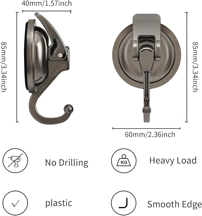 4Pack Suction Cup Hooks for Shower Door Wreaths, Removable Inside Shower Towel Hooks for Bathroom Window Glass Kitchen- Bath Robe Loofah Suction Hooks for Hanging (4, Gun Grey)
