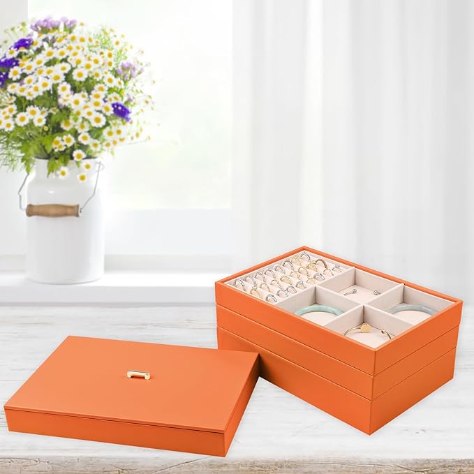 Voova Stackable Jewelry Organizer Tray with Lid, PU Leather Jewelry Storage Holder for Drawer Inserts, Jewellery Display Box Case for Earring Necklace Ring Watch Bracelet (Set of 4, Orange)