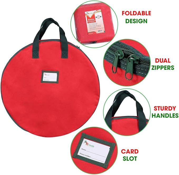 Primode Heavy Duty Christmas Wreath Storage Bag 24"- Garland Wreaths Container with Handles - Durable 600D Oxford Polyester Material Holiday Wreaths Storage Holder 24” (Red)