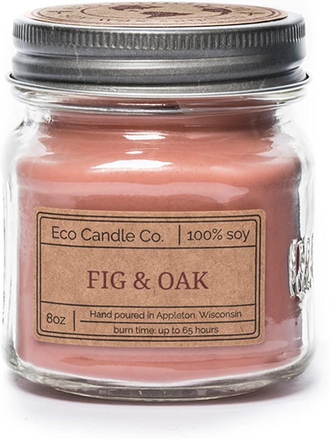 ECO CANDLE CO. Mason Jar Candle, Fig & Oak, 8 oz. - Scents of Figs, Cranberries, Leather, & Musk - 100% Soy Wax, No Lead, Kraft Label & Antiqued Pewter Lid, Hand Poured, Midwest Grown Soybeans