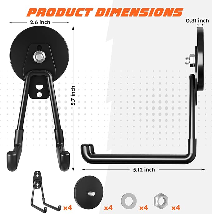 Heavy-Duty Storage Magnetic Hooks，No Need for Drilling, with Anti-Slip Coating, Suitable for Garages, Workshops, Kitchens, Storage Cabinets, RVS, Garden Tool Storage (Black 4 pcs)