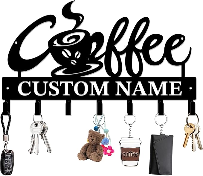 Personalized Custom Name Coffee Bar Wall Keys Hooks,Metal Coffee Shop Art Clothes Hooks,Metal Coffee Lover Wall Home Storage Decorative,For Front Door, Hallway, Kitchen, Bedroom,Keys,Hats (Style J)