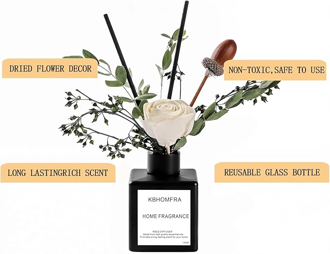 Reed Diffuser Set with Dried Flowers, Jasmine Gardenia Sandalwood Scent, Black Glass Bottle, 5.07fl oz, Aromatherapy Home Fragrance for Bedroom Bathroom (Jasmine Tea)
