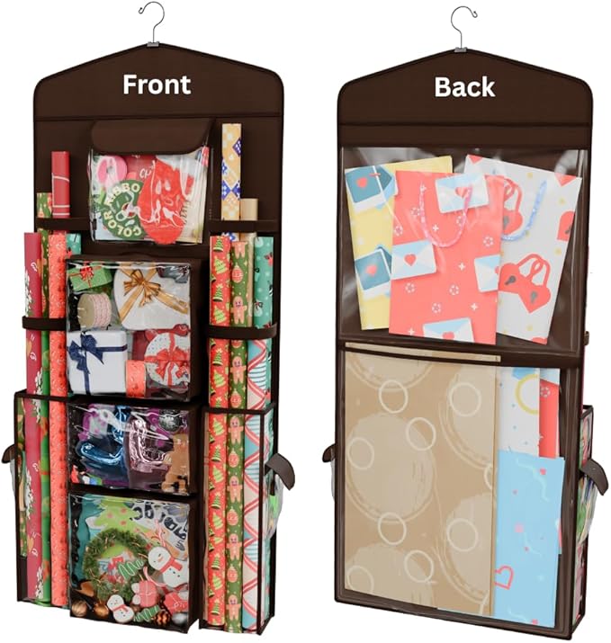 ProPik Hanging Double Sided Wrapping Paper Storage Organizer with Multiple Pockets, Organize your Gift Wrap, Gift Bags, Bows, Ribbons 40"X17" Fits 40 Inch Rolls Clear PVC Bag (Brown)