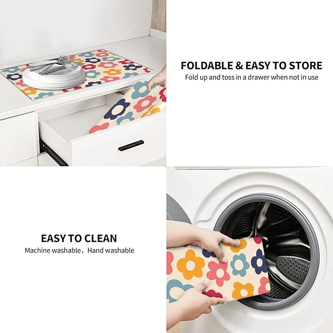 Colorful Daisy Flowers Dish Drying Mat,Boho Groovy Drying Rack Pad Countertop Dishes Ultra Absorbent Reversible Microfiber Kitchen Counter Mat for Coffee Countertop Decor 18x24 Inch
