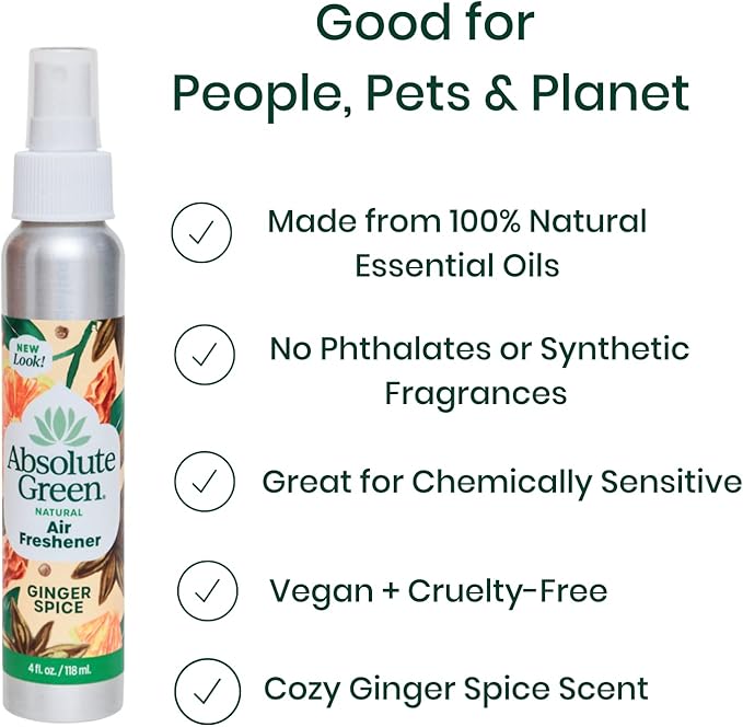 Absolute Green Air Freshener Room Spray, Odor Eliminator, Cover Smells, Ginger Spice Scent 4oz (Pack of 1)