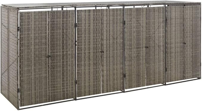 Quadruple Wheelie Bin Shed Garbage Can Storage Shed, PE Trash Container Management Unit, Outdoor Patio Recycling Dustbin Trash Shed, Gray 107.9"x31.5"x46.1" Poly Rattan