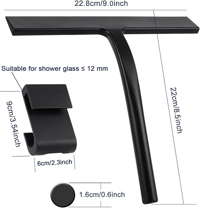 Anlynwooh All -Purpose Silicone Shower Squeegee for Shower Glass Door with Hook, Bathroom Accessories for Window Mirror Tile Car Shower Walls,Household Shower Cleaner Tool (Black, 9 inch(1 Hook)