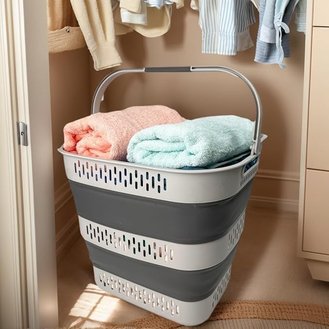 SAMMART 38L(10 Gal) Collapsible Laundry Basket - Foldable Pop-Up Storage Container/Organizer-Portable Space Saving Hamper, Measure 17.5x13.3x15.7"/3.8" Expanded/Collapsed (2, Grey)