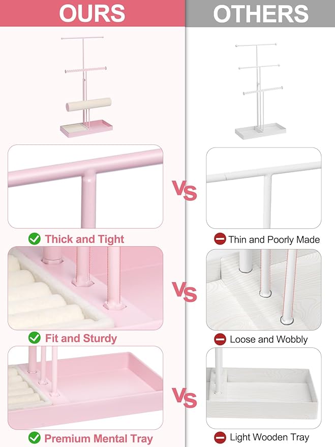 Jenseits Jewelry Holder Stand Organizer, 3-Tier Necklace Holder w/Bracelet Holder Display & Velvet Rings Tray, Pink Jewelry Organizer for Women Girls, Cute Aesthetic Jewelry Hanger Tower Storage Rack