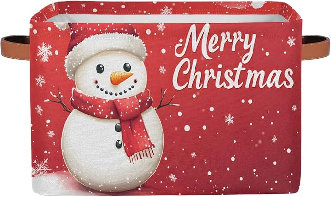 Storage Baskets Bin, Christmas Winter Snowman Collapsible Canvas Fabric Storage Bin Decorative Baskets Toy Organizer Rectangle Storage Boxes with Handles for Home Shelves Nursery, J-015