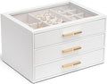 Vlando Jewelry Box for Women, Glass Lid Jewelry Organizer with 3 Drawers for Necklaces Rings Earrings Bracelets Christmas Gift - White