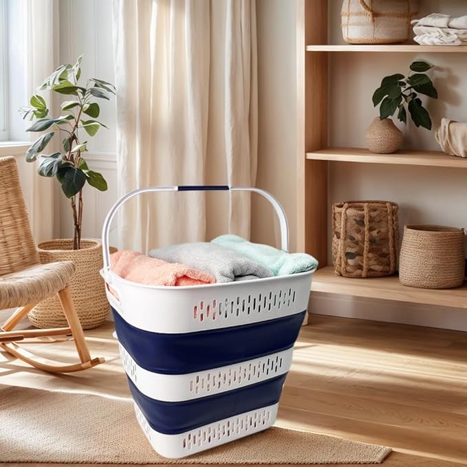 SAMMART 38L (10 Gallon) Collapsible Plastic Laundry Basket - Foldable Pop-Up Storage Container/Organizer – Portable Space Saving Laundry Hamper (1, White/Starry Blue)