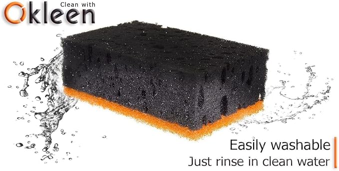 Okleen Black & Orange Multi Use Scrub Sponges. Made in Europe. 9 Pack, 4.3x2.8x1.4 inches. Heavy Duty and Non Scratch Fiber. Odorless Durable and Delicate Scrubber. Halloween Edition